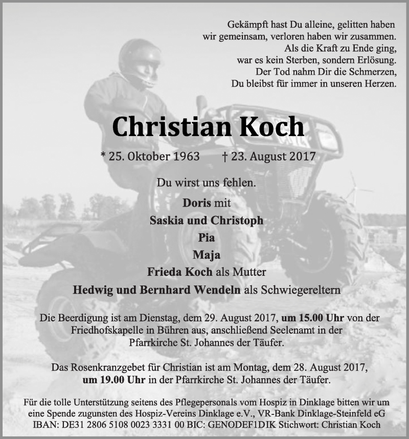  Traueranzeige für Christian Koch vom 25.08.2017 aus OM-Medien