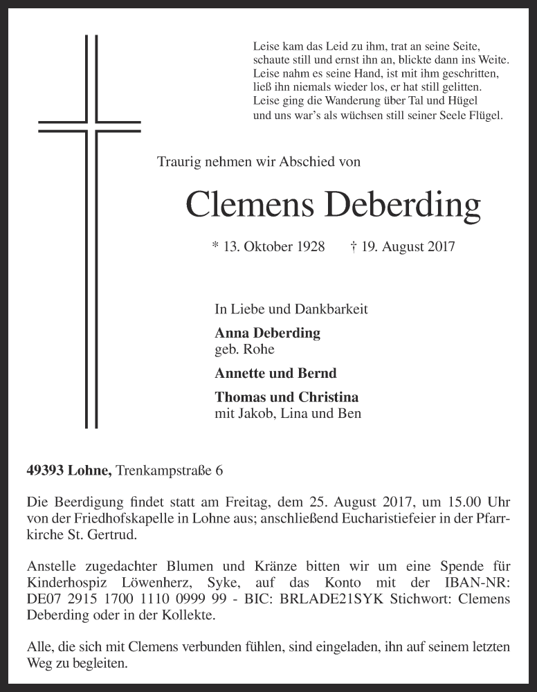  Traueranzeige für Clemens Deberding vom 21.08.2017 aus OM-Medien