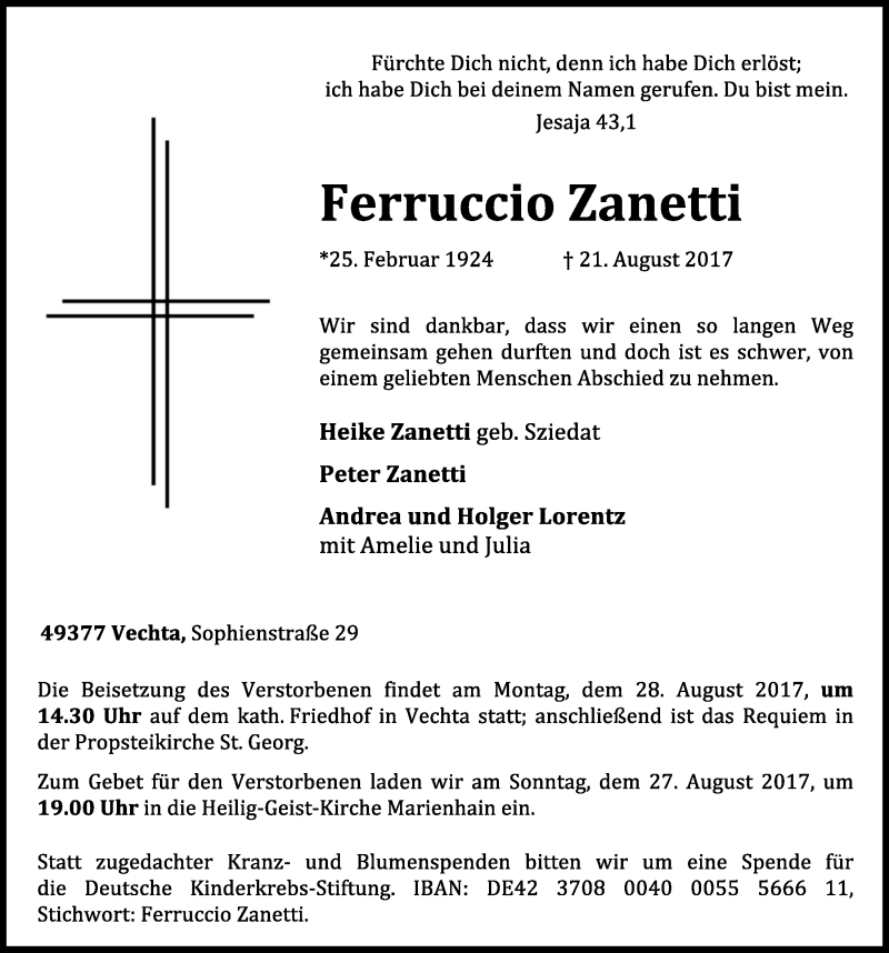 Traueranzeige für Ferruccio Zanetti vom 23.08.2017 aus OM-Medien