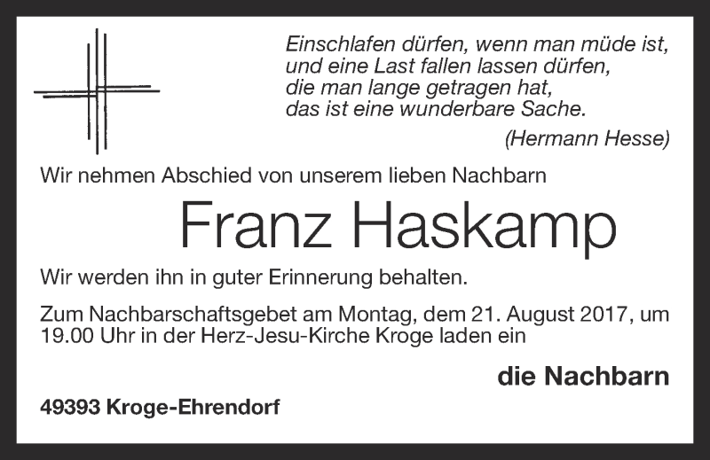  Traueranzeige für Franz Haskamp vom 19.08.2017 aus OM-Medien