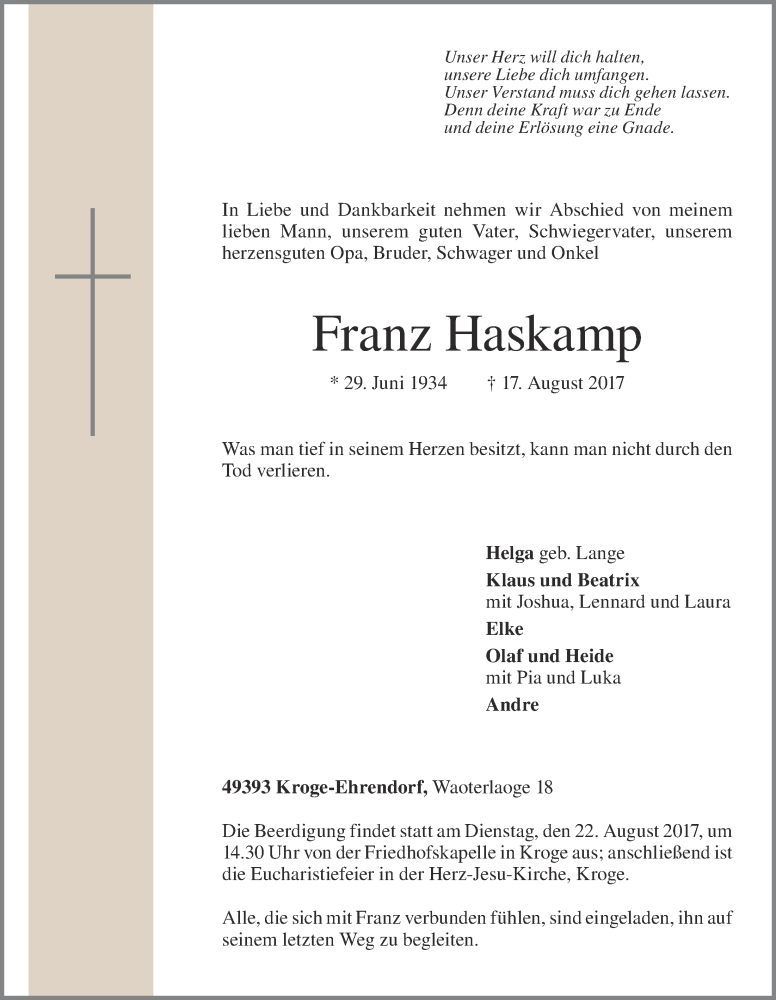  Traueranzeige für Franz Haskamp vom 19.08.2017 aus OM-Medien