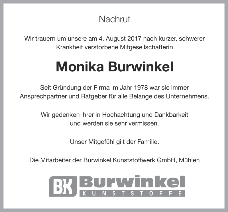  Traueranzeige für Monika Burwinkel vom 08.08.2017 aus OM-Medien