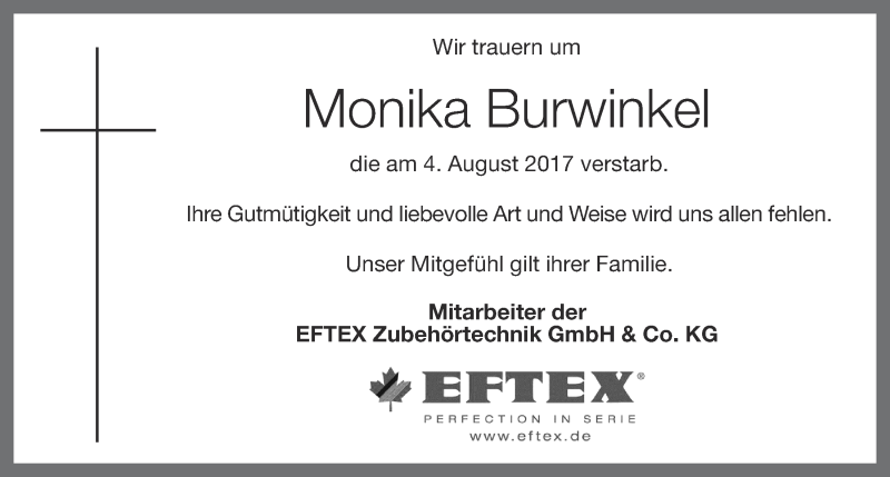  Traueranzeige für Monika Burwinkel vom 09.08.2017 aus OM-Medien