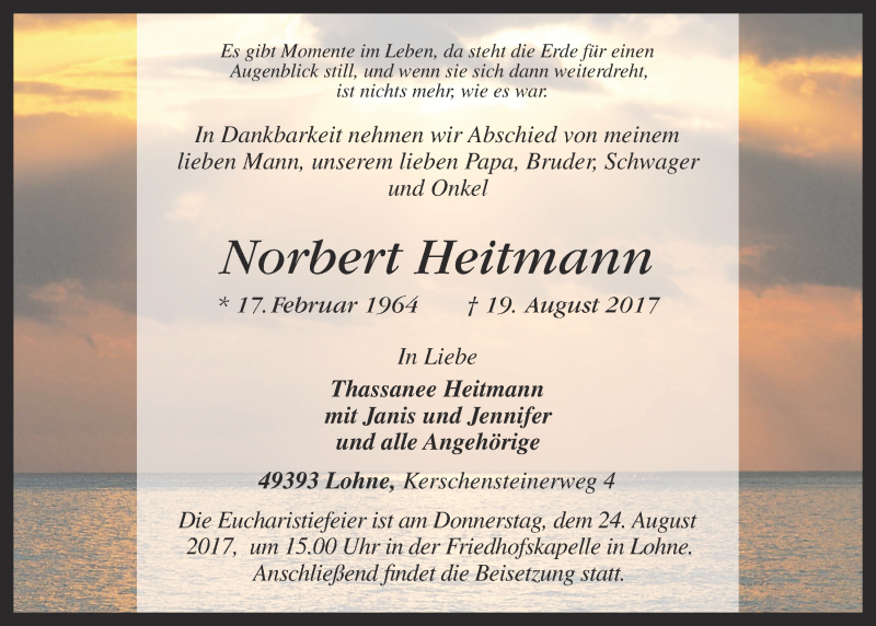  Traueranzeige für Norbert Heitmann vom 21.08.2017 aus OM-Medien