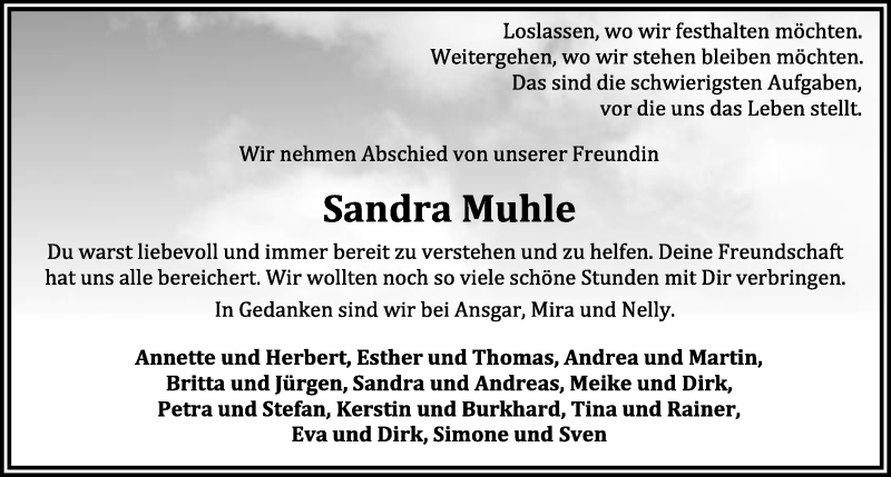  Traueranzeige für Sandra Muhle vom 24.08.2017 aus OM-Medien