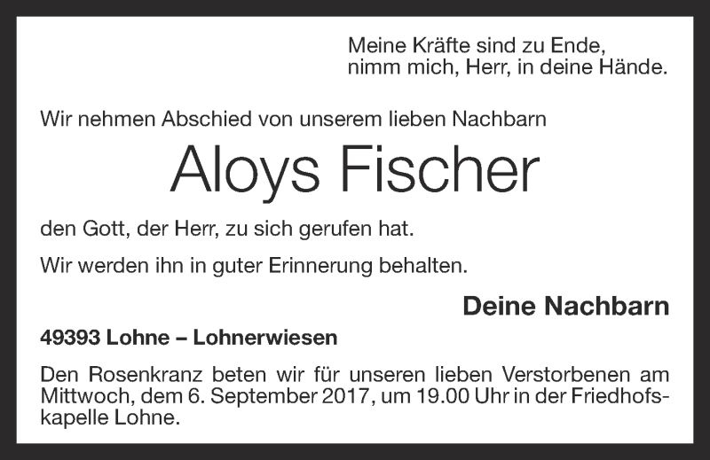  Traueranzeige für Aloys Fischer vom 05.09.2017 aus OM-Medien