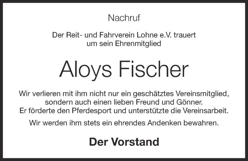  Traueranzeige für Aloys Fischer vom 06.09.2017 aus OM-Medien