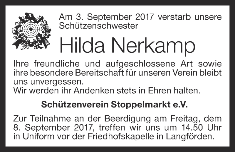  Traueranzeige für Hilda Nerkamp vom 07.09.2017 aus OM-Medien