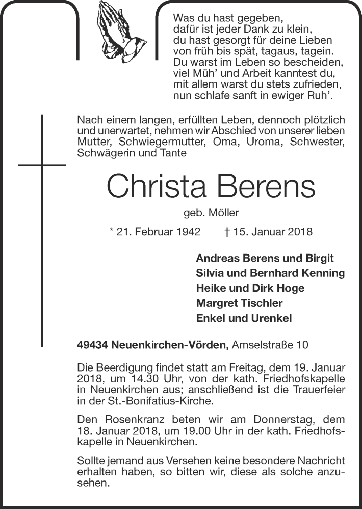  Traueranzeige für Christa Berens vom 16.01.2018 aus OM-Medien