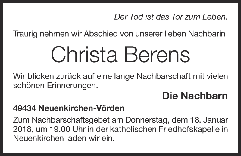  Traueranzeige für Christa Berens vom 17.01.2018 aus OM-Medien