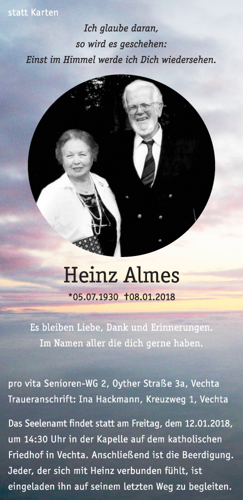  Traueranzeige für Heinz Almes vom 10.01.2018 aus OM-Medien