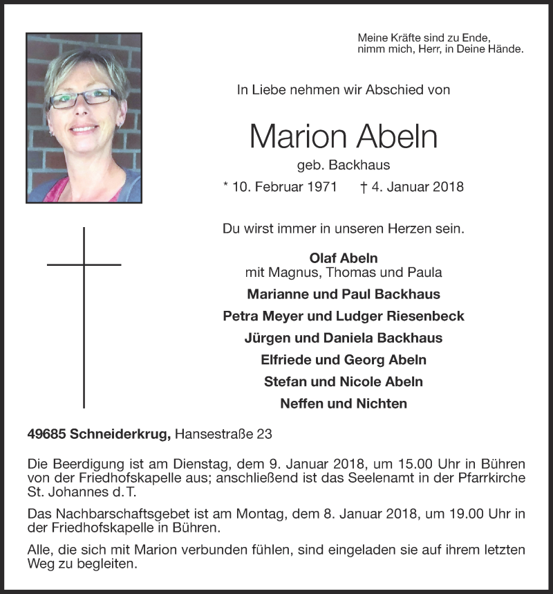  Traueranzeige für Marion Abeln vom 06.01.2018 aus OM-Medien