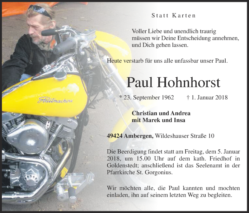  Traueranzeige für Paul Hohnhorst vom 04.01.2018 aus OM-Medien