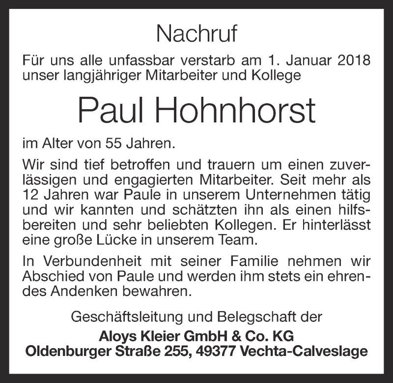  Traueranzeige für Paul Hohnhorst vom 05.01.2018 aus OM-Medien