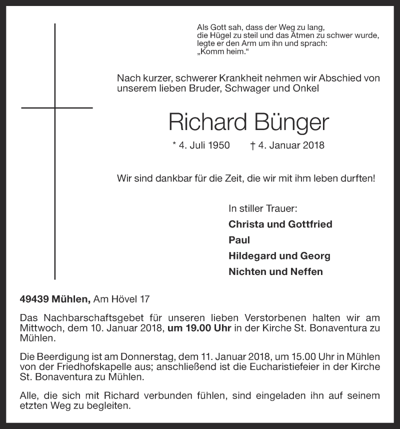  Traueranzeige für Richard Bünger vom 08.01.2018 aus OM-Medien