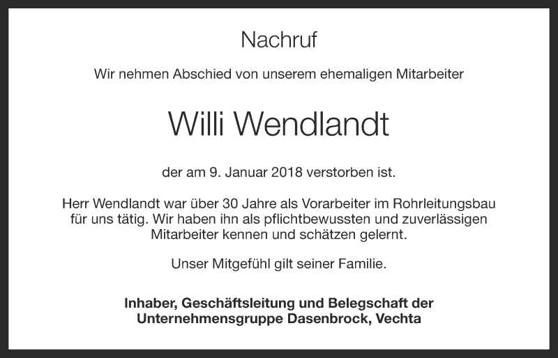  Traueranzeige für Willi Wendlandt vom 12.01.2018 aus OM-Medien