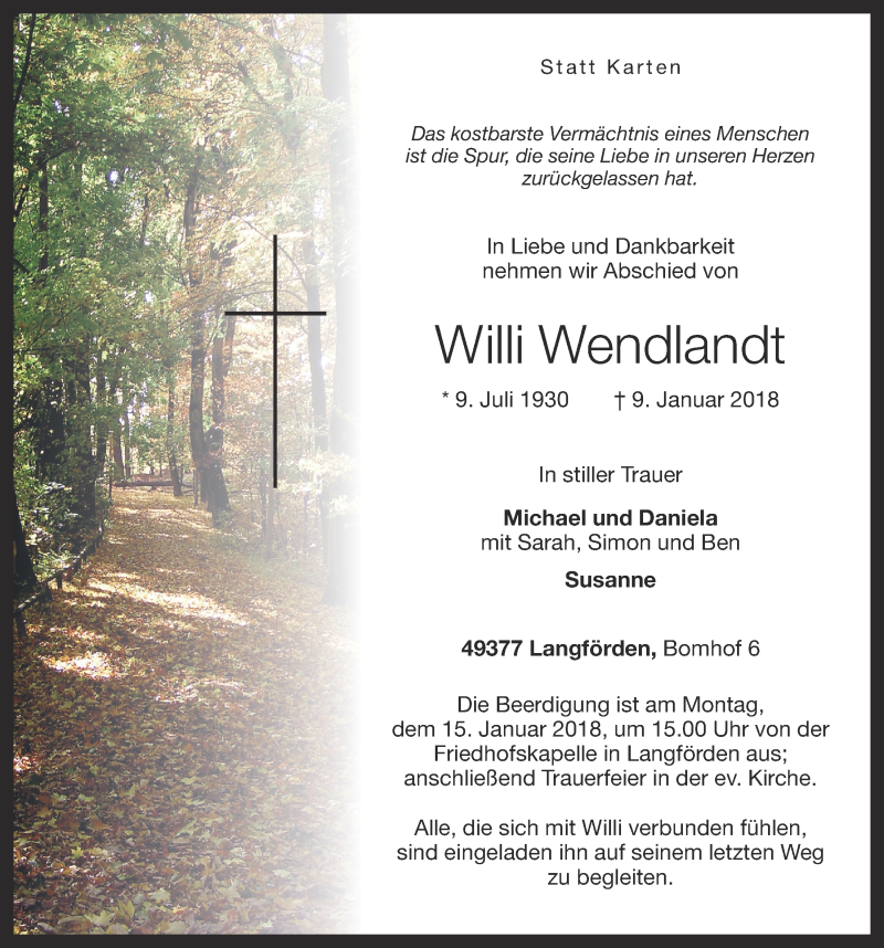  Traueranzeige für Willi Wendlandt vom 11.01.2018 aus OM-Medien