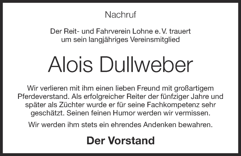  Traueranzeige für Alois Dullweber vom 19.10.2018 aus OM-Medien