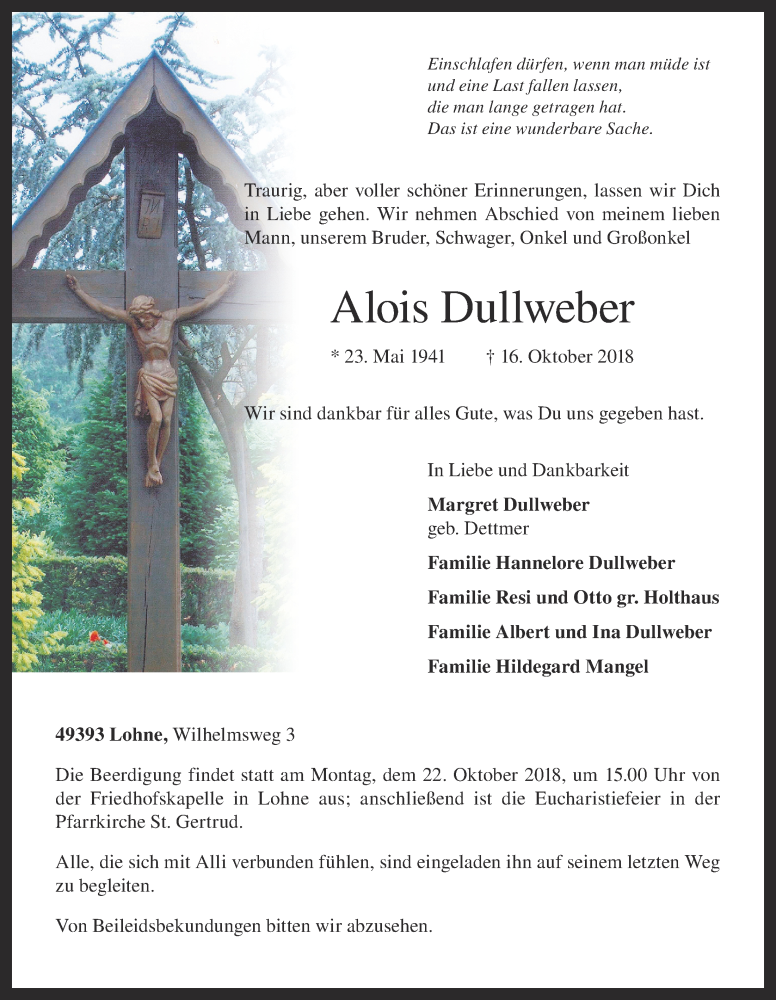  Traueranzeige für Alois Dullweber vom 18.10.2018 aus OM-Medien