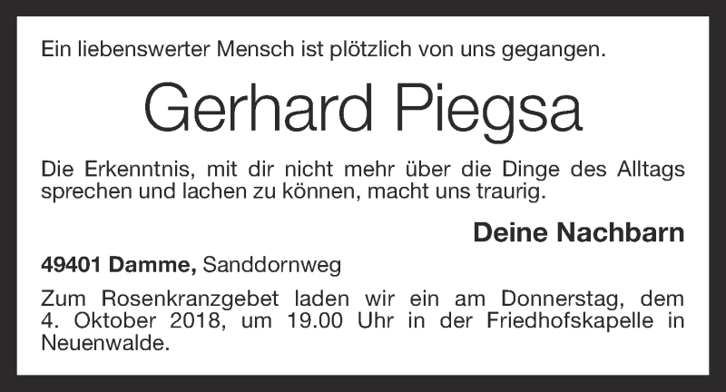  Traueranzeige für Gerhard Piegsa vom 02.10.2018 aus OM-Medien