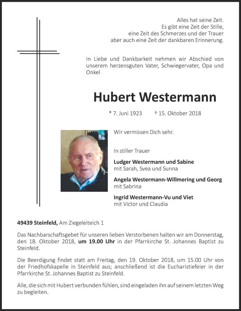  Traueranzeige für Hubert Westermann vom 17.10.2018 aus OM-Medien