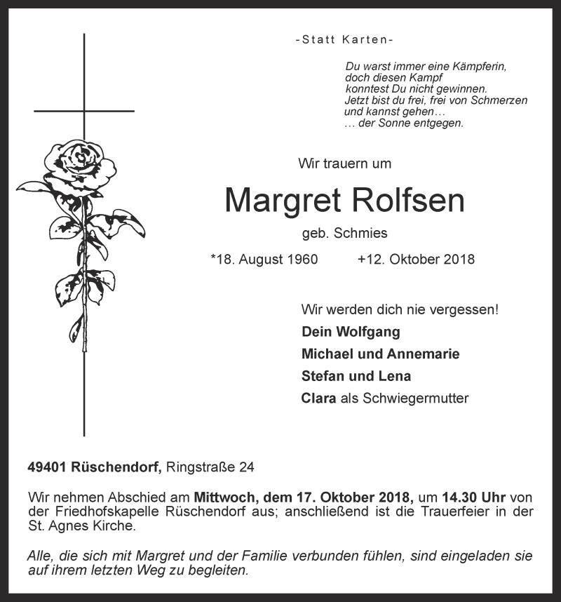  Traueranzeige für Margret Rolfsen vom 15.10.2018 aus OM-Medien