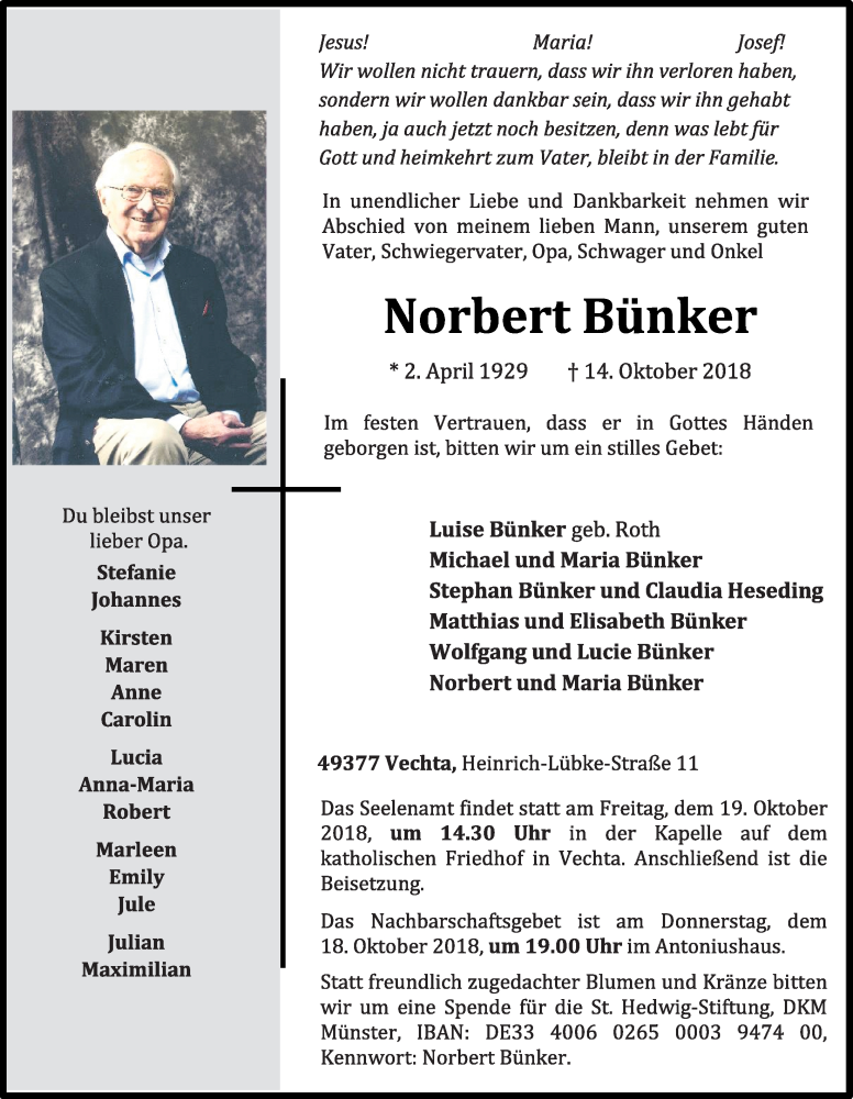  Traueranzeige für Norbert Bünker vom 16.10.2018 aus OM-Medien