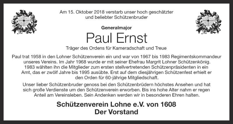  Traueranzeige für Paul Ernst vom 18.10.2018 aus OM-Medien