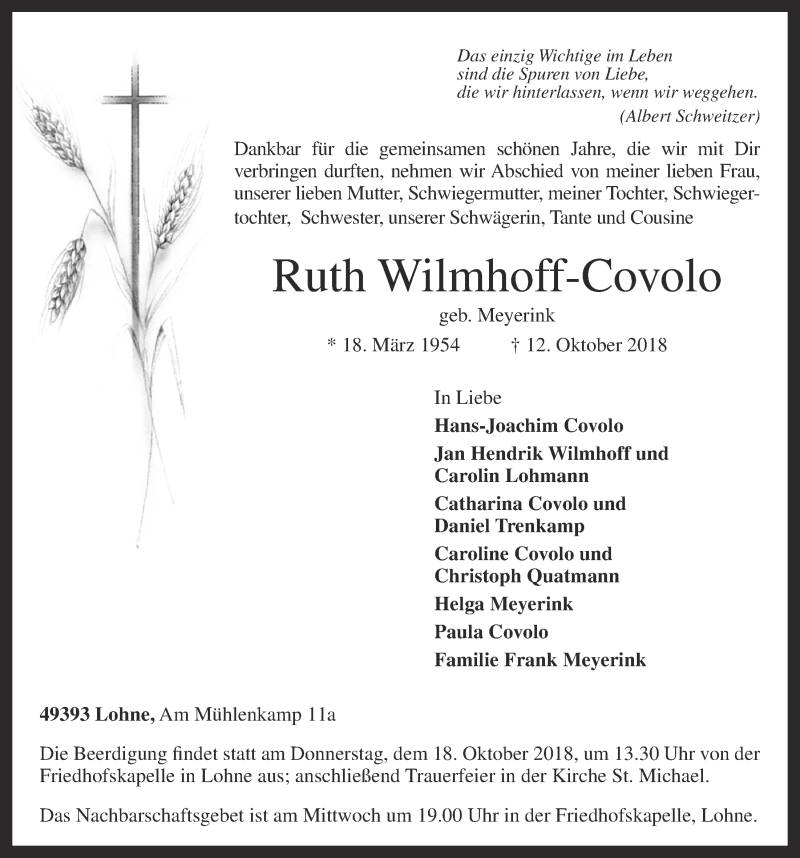  Traueranzeige für Ruth Wilmhoff-Covolo vom 15.10.2018 aus OM-Medien