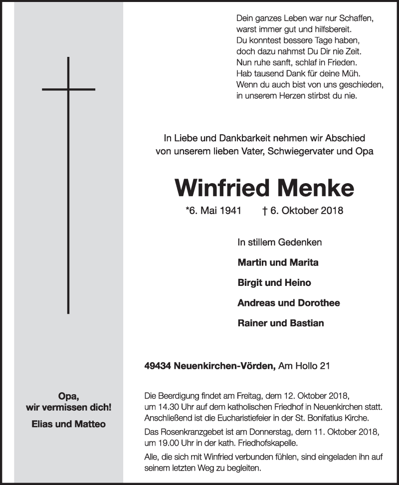  Traueranzeige für Winfried Menke vom 10.10.2018 aus OM-Medien