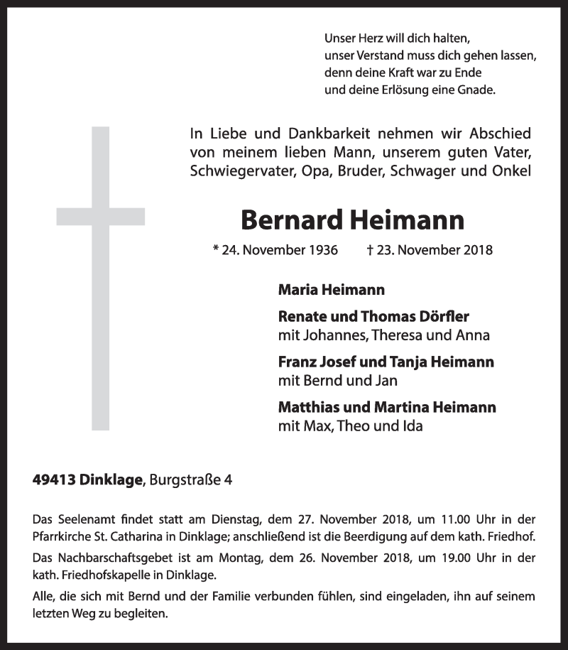  Traueranzeige für Bernard Heimann vom 24.11.2018 aus OM-Medien