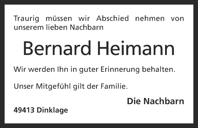  Traueranzeige für Bernard Heimann vom 26.11.2018 aus OM-Medien