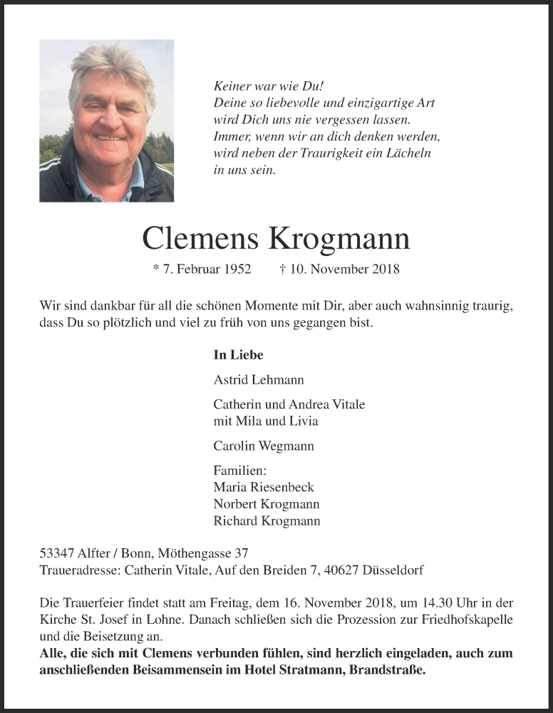  Traueranzeige für Clemens Krogmann vom 13.11.2018 aus OM-Medien