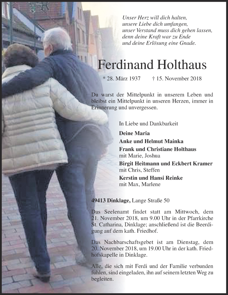  Traueranzeige für Ferdinand Holthaus vom 17.11.2018 aus OM-Medien