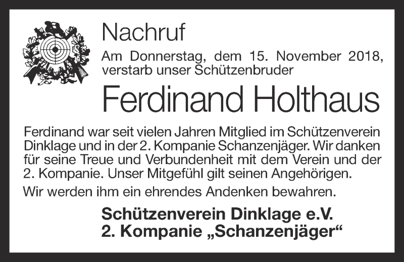  Traueranzeige für Ferdinand Holthaus vom 21.11.2018 aus OM-Medien
