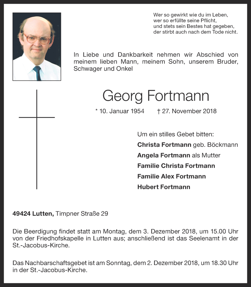  Traueranzeige für Georg Fortmann vom 29.11.2018 aus OM-Medien