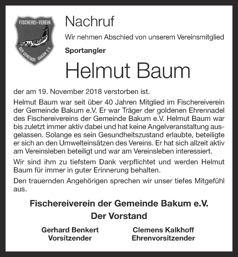  Traueranzeige für Helmut Baum vom 22.11.2018 aus OM-Medien