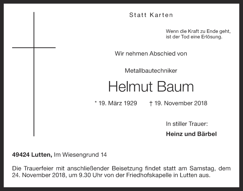  Traueranzeige für Helmut Baum vom 21.11.2018 aus OM-Medien