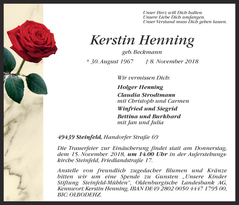  Traueranzeige für Kerstin Henning vom 12.11.2018 aus OM-Medien