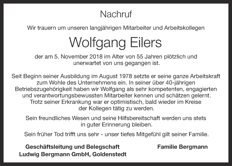  Traueranzeige für Wolfgang Eilers vom 08.11.2018 aus OM-Medien