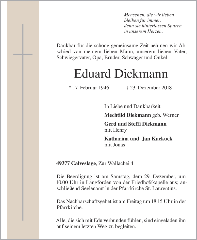  Traueranzeige für Eduard Diekmann vom 24.12.2018 aus OM-Medien