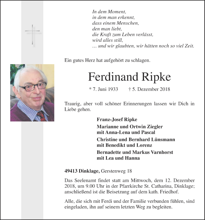  Traueranzeige für Ferdinand Ripke vom 08.12.2018 aus OM-Medien