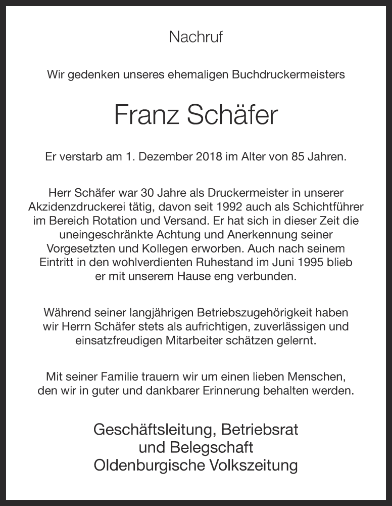  Traueranzeige für Franz Schäfer vom 05.12.2018 aus OM-Medien