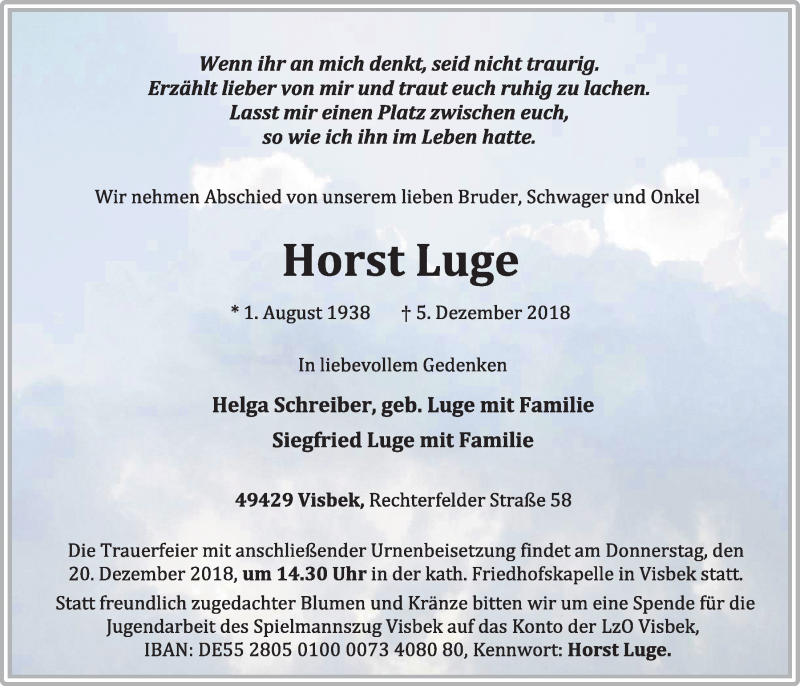  Traueranzeige für Horst Luge vom 15.12.2018 aus OM-Medien