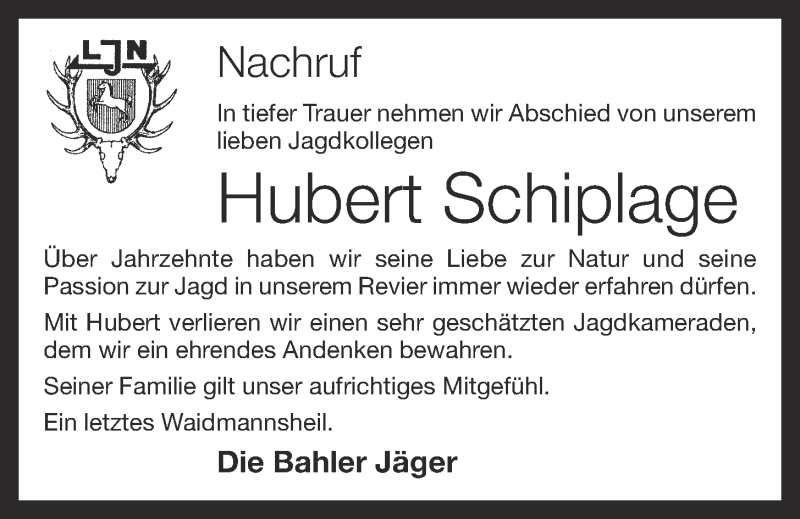  Traueranzeige für Hubert Schiplage vom 07.12.2018 aus OM-Medien