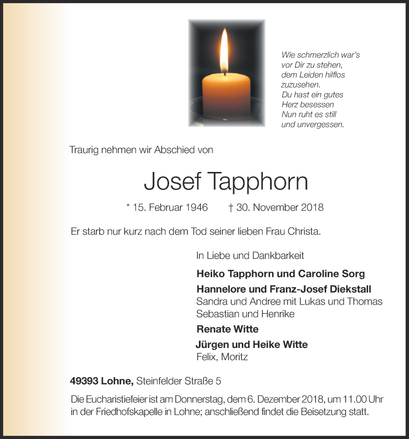  Traueranzeige für Josef Tapphorn vom 03.12.2018 aus OM-Medien