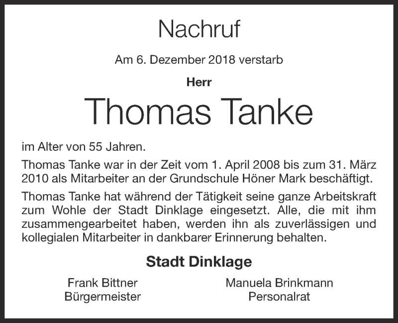  Traueranzeige für Thomas Tanke vom 13.12.2018 aus OM-Medien