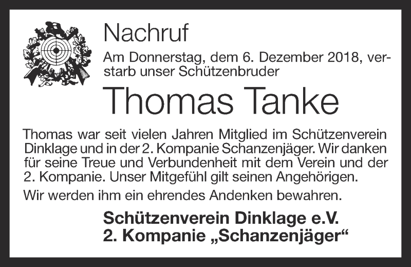  Traueranzeige für Thomas Tanke vom 11.12.2018 aus OM-Medien