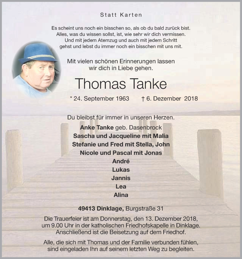  Traueranzeige für Thomas Tanke vom 10.12.2018 aus OM-Medien