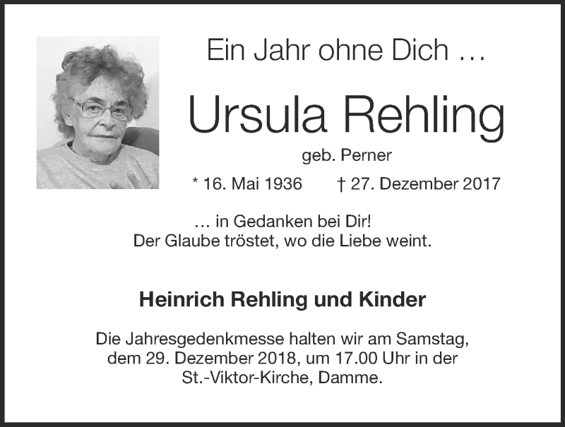  Traueranzeige für Ursula Rehling vom 27.12.2018 aus OM-Medien